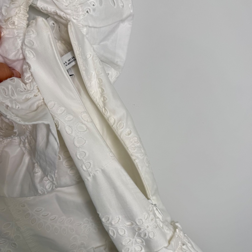 C24 Zara White Eyelet Embroidery Off The Shoulder Tiered Mini Dress Small - Picture 9 of 12